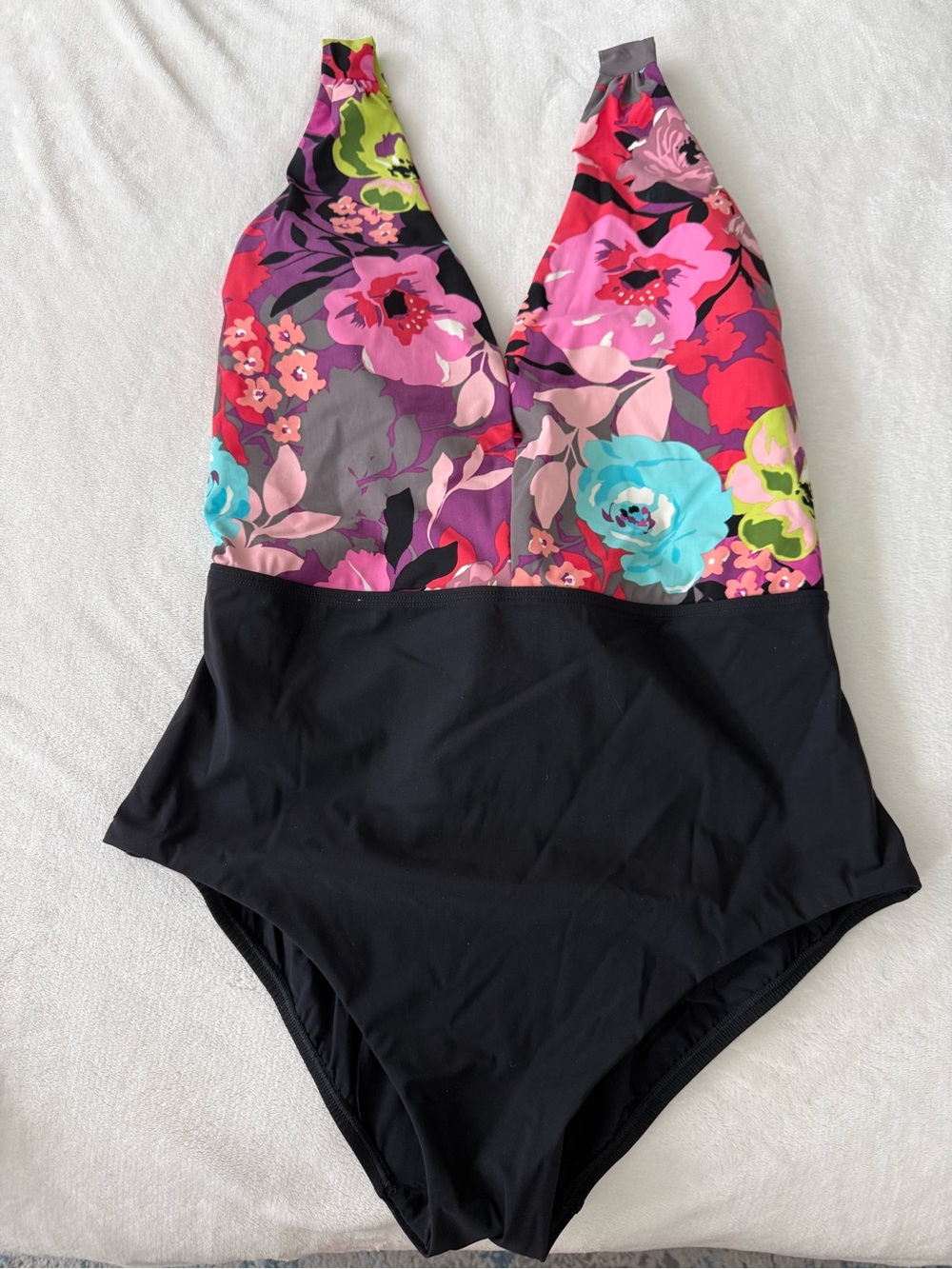 Skinny Dippers Black Flower Shop Lady Godiva Plunge One Piece Swimsuit L D96